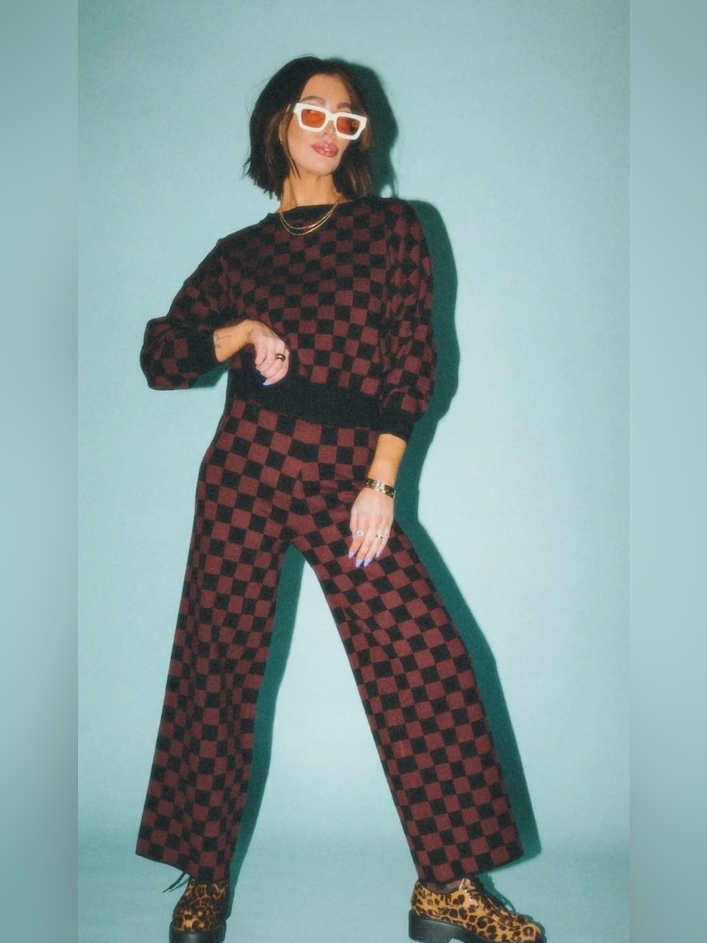 Dressed in Lala Checkerboard Wide-Leg Knit Pants & sweater Black & Brown